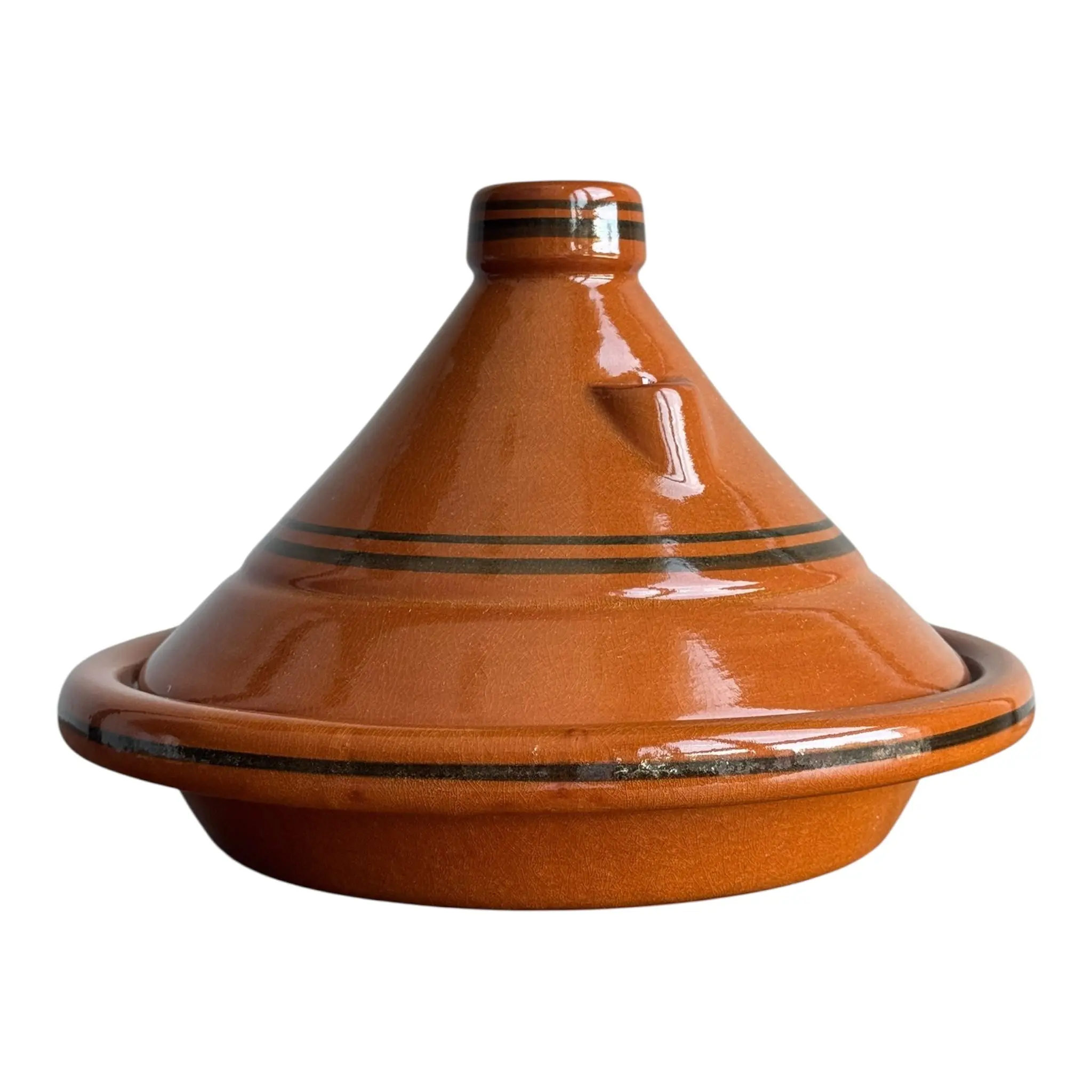 Moroccan Glazed Clay Tagine With Hand Painted Black Stripe