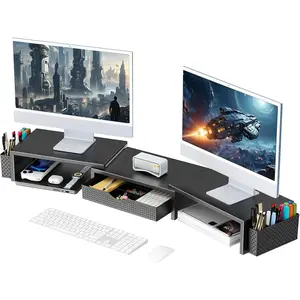 Dual Monitor Stand Riser - Office Accessories, Desk Organizer with 2 Pen Holders and Drawer, Desktop Storage Shelf, Black