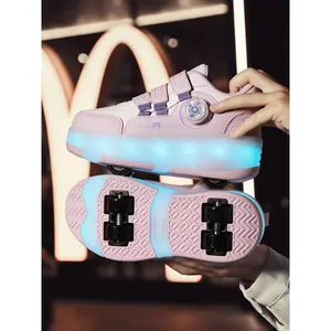 Girls' LED Light-Up Roller Skates, PU Leather Four-Wheel Inline Skates, USB Rechargeable, Detachable Wheels, All-Season Casual Shoes, Shoes With Wheels