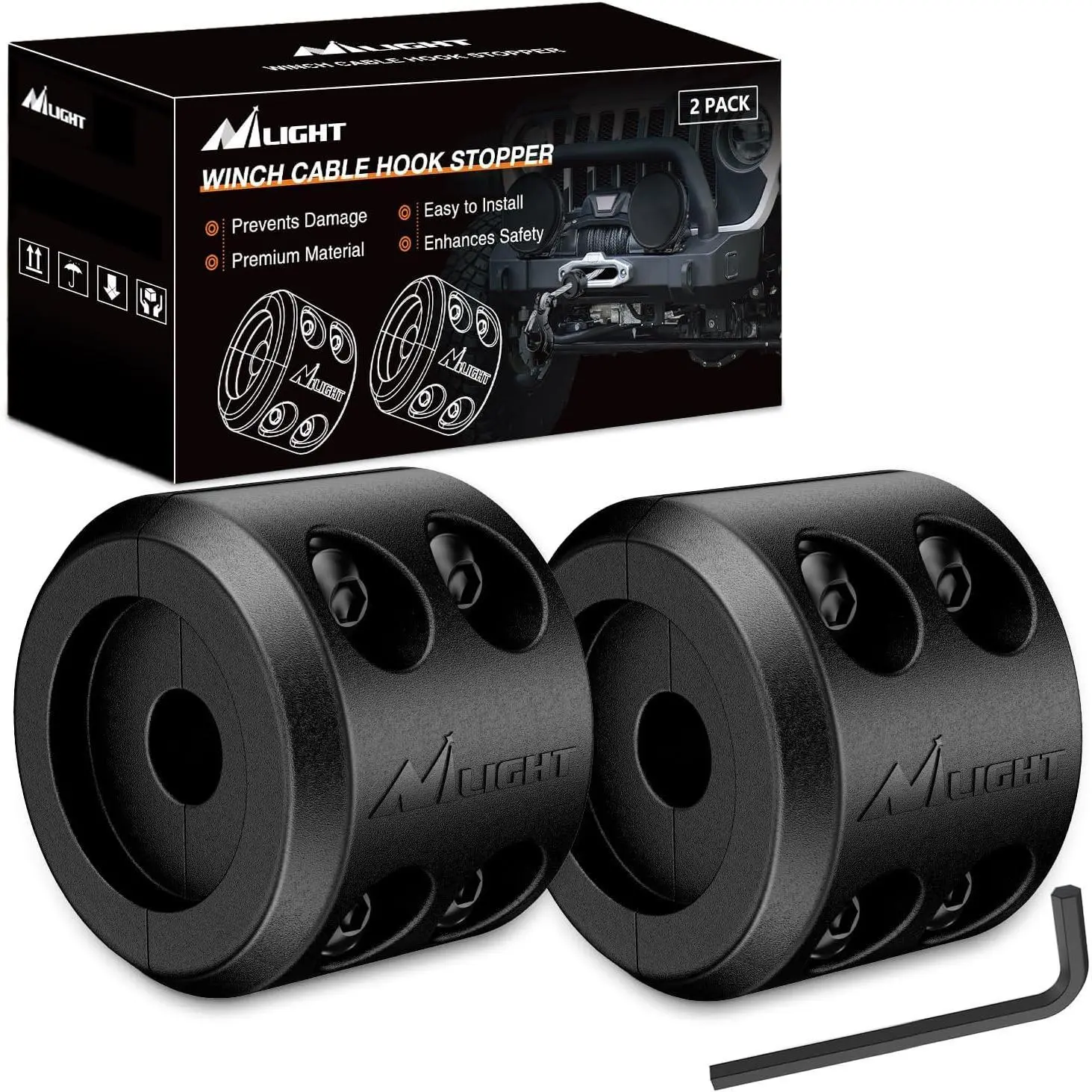Nilight Winch Stopper for ATV UTV Truck SUV Winch Cable Hook Rubber Stopper 2 Pack Protect Towing Hook Synthetic Rope Winch Accessories Rope Line Saver with Stainless Steel Screws Allen Wrenc, Black