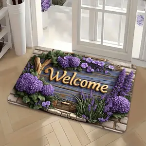 Purple Hydrangea Lavender Welcome Print Rug Soft Comfortable Rustic Decorative Floor Mat for Entryway Living Room Bedroom