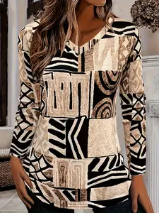 【Plus Size】Geometric Patchwork V Neck Long Sleeve Top, Comfortable Slim Fit Casual Commuter Women's Fashion Piece