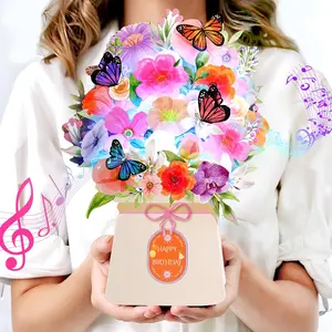 3D Pop Up Birthday Card with Lights & Music for Women, Lily Bouquet and Butterfly Greeting Card, Unique Birthday Gift for Mom Wife Daughter