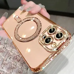 Phone Case - Set of 3 (1 Phone Cover And 2 Screen Protectors) Shock-Resistant Protective Glitter Case Designed for Iphone 17 16, 15, 14, 13, 12, And 11 Pro Max Plus, Featuring a Magnetic Bumper And Compatible Rhinestone Design