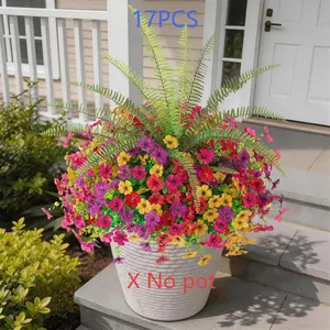 Artificial Flowers for Outdoor, 16pcs Faux Silk Daisy, 1 Pcs Fake Long Leaved Grass, UV Resistant Tall Ferns, Home Garden Decor, Artificial Flower Bouquets