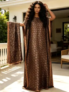 1 Robe+1 Scarf Dark Brown Caramel Chain Printed Robe Dress Set Large Ship Collar Loose Meat Covering Long Dress+1 Scarf Low key Light Luxury Vacation Style Long Group Robe Banquet Dress