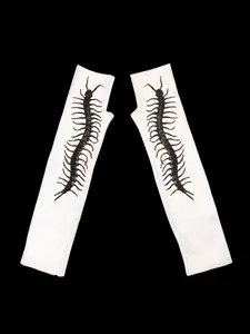 Women's Y2K Insect Print Centipede Long Knit Gloves, Sweet Cool Spider Pattern Mitts, Fitted Punk Style Accessories for Fall & Winter