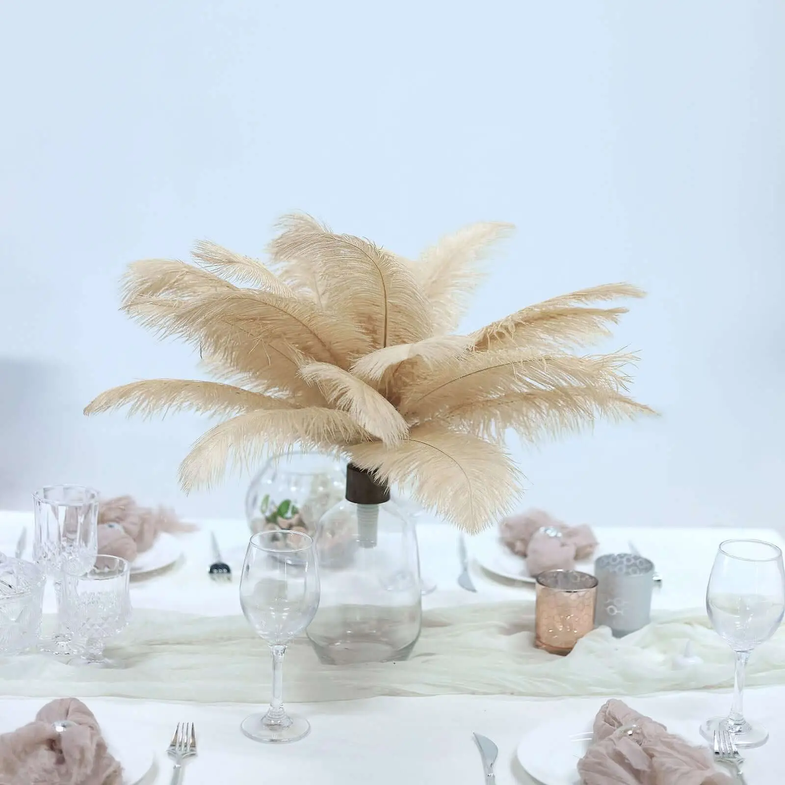 12-Pack 13"-15" Beige Natural Plume Real Ostrich Craft Feathers, Decorative Feather Centerpieces Fillers for Wedding, Party Home Decor Eiffel Tower Arrangements