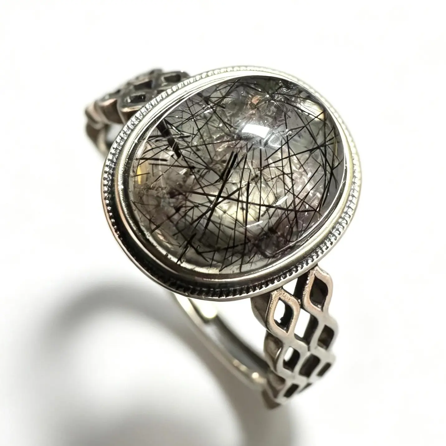 Unisex 925 Silver Vintage Braided Adjustable Ring with 12×10mm Natural Black Rutilated Quartz for Adults, Grounding & Protection, Artisanal Craftsmanship