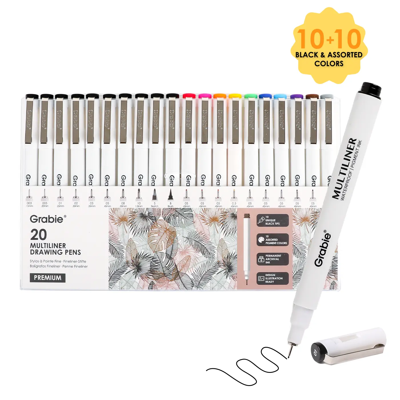 Grabie Waterproof Multiliner Drawing Pen Set (20-Piece) - 10 Black Ink Unique Tips, 10 Assorted Colors, Bleed-Free Lines Markers for Coloring, Artists, Back to School, Class Reward Gift Idea