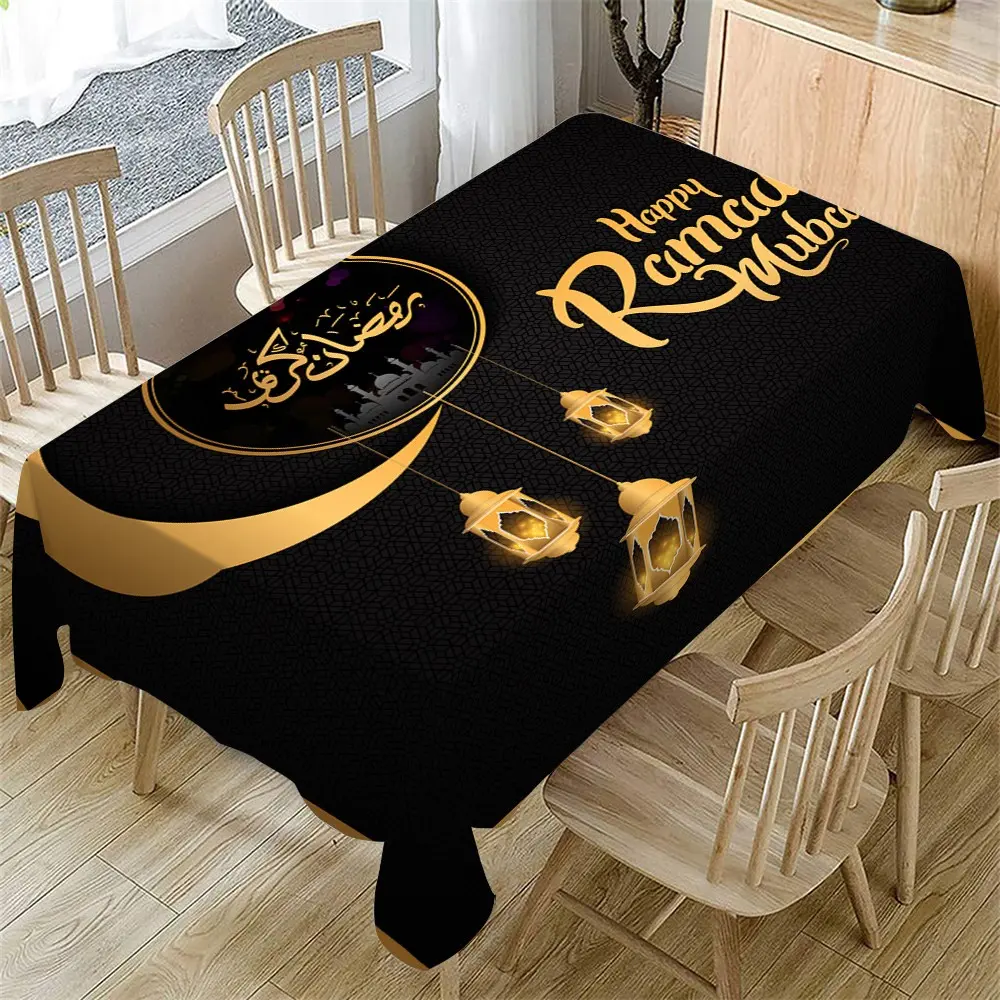1 Pc Ramadan Tablecloth, Ramadan Theme Tablecloth, Eid al-Fitr Mandala Flower Golden Lantern Vintage Pattern Washable Table Cover Holiday Kitchen Dining Table Decor For Home Party Decor Table Runner