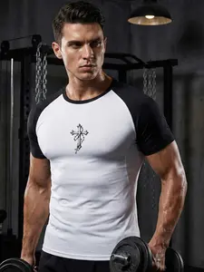 Men's Chain Cross Print Short Sleeve Compression Shirt, Gym Workout Fitness Running T-Shirt Tees, Tight-Fitting Sporty Rash Guard Baselayers Undershirts, Summer Quick-Dry Breathable Round Neck Shirt