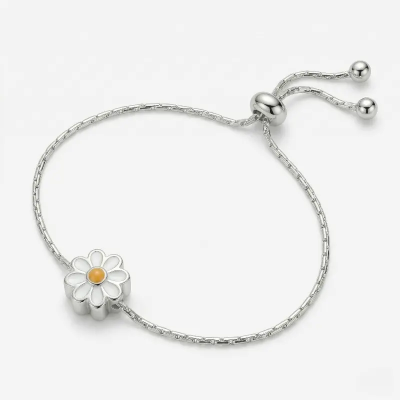 925 Silver Plated Daisy Adjustable Chain Bracelet for Women, Floral Sliding Bead Bracelet with Enamel Flower Charm, Minimalist Everyday Jewelry, Charm Bracelets