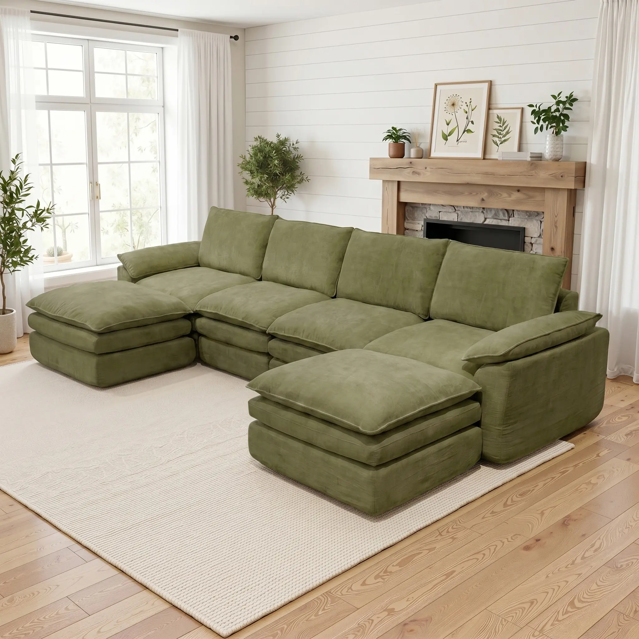 154.3" U-Shaped Modular Sectional Sofa - Comfy Cloud 3-Seater with 2 Movable Ottoman, Cloud Sofa for Living Room Multiple configurations available; features soft chenille upholstery.