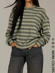 1pc Women's Striped Oversized Knit T-Shirt ，Soft Knit Fabric & Relaxed Fit & Crew Neck & Slouchy Sleeves & Multiple Colors