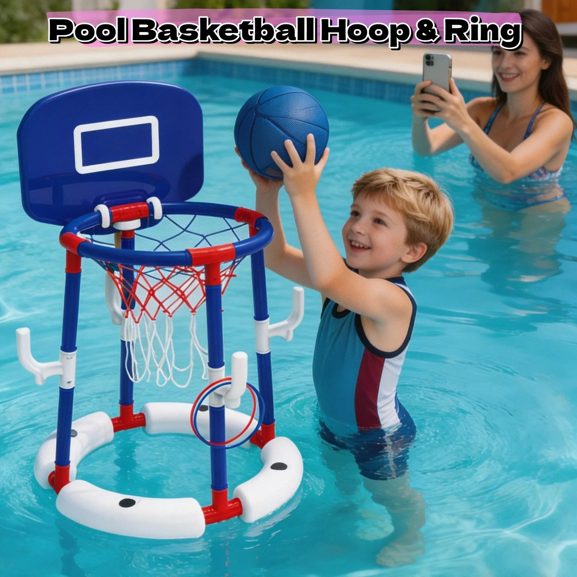 Floating Pool Basketball Hoop Set, 2-in-1 Pool Game with Backboard & Ring Toss, Stable Anti-Tip Base, 2 Balls, Rings & Pump, Pool Toys for Kids & Adults Water Fun