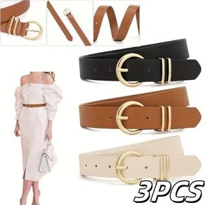 Women's 3-Pack Faux Leather Casual Waist Belt - Solid Color Style with Golden Square Buckle for Jeans, Pants, Solid Color Belt