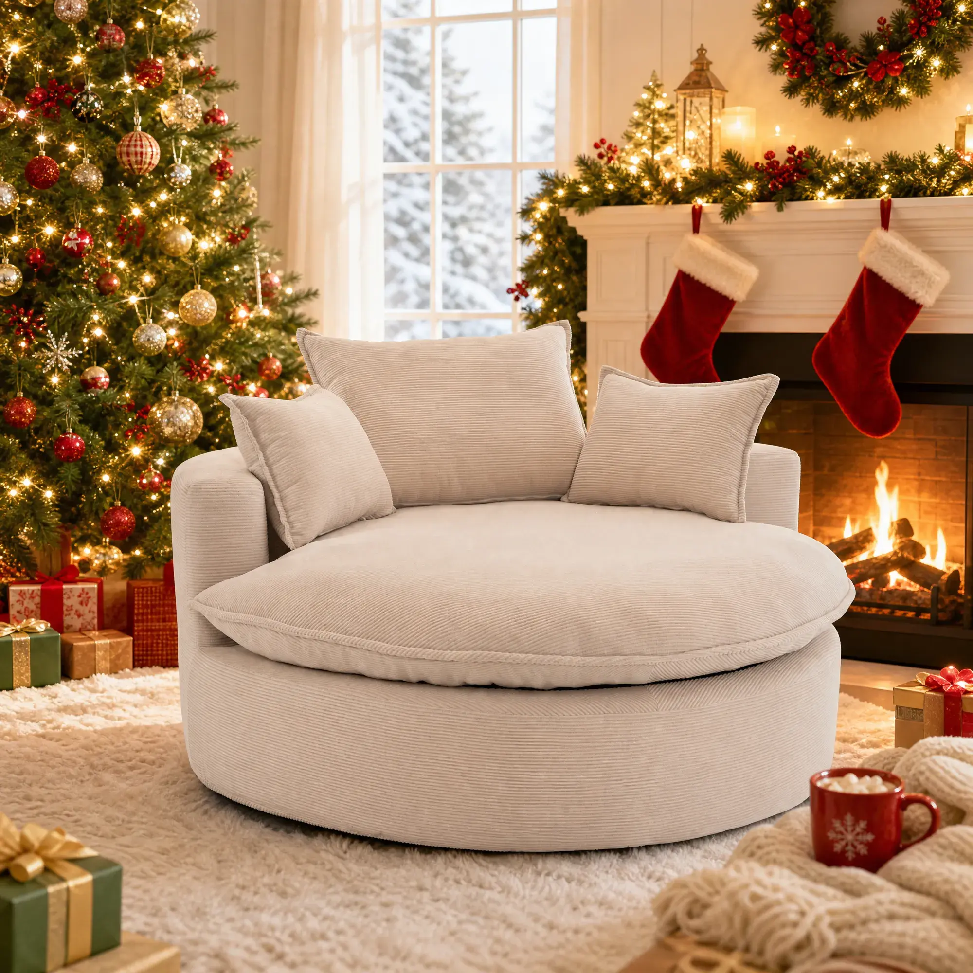 Christmas Nordic-style cream-colored single wonton sofa, wabi-sabi style, suitable for living rooms, balconies, and various apartment sizes, featuring casual fabric round sofas.