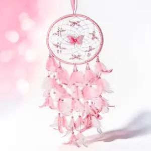 Butterfly Design Dreamcatcher Pink White Feather Ornament Home Bedroom Hanging Decoration for Girls