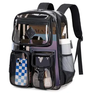 Dakimoe Clear Heavy-Duty Backpack, Stadium-Approved Transparent Waterproof PVC Bookbag with Reinforced Straps & Reflective Details for School, Travel