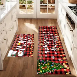 2Pcs Christmas Tree Snowman Black Red Grid Floor mat set for farmhouse kitchen Rug restaurant floor laundry room decor carpet mat Cartoon Pattern Rug