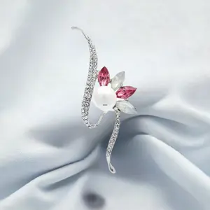 Lotus Pink Flower Rhinestones Pearl Brooch Pin - 2.4 Inch Zinc Alloy Brooch with Leather Jewelry Pouch for Versatile Wear