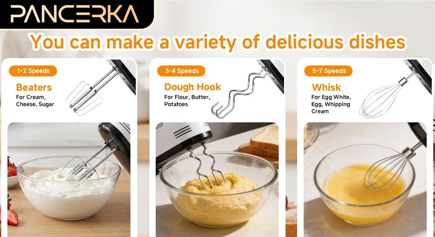 Hand Mixer, 7-Speed Electric Kitchen Mixer with 5 Stainless Steel Attachments, Electric Whisk for Kitchen Baking, Snap-On Storage Case