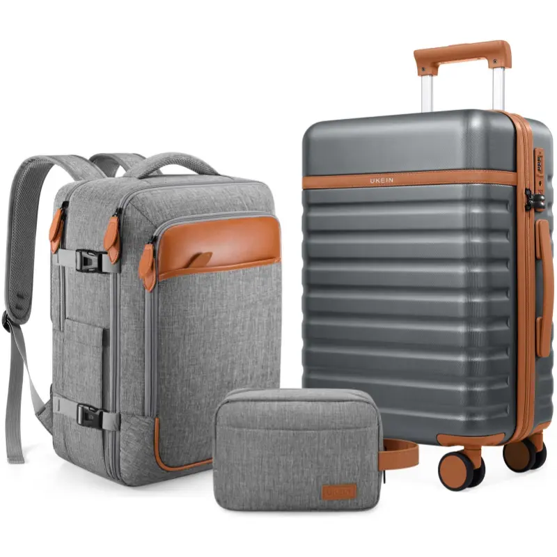 UKEIN Luggage Sets 3 Piece, Carry On Luggage 20In With Spinner Wheels,PC Hardside Suitcase Set with TSA Lock,Durable Carry On Suitcase With Travel Backpack for Men (Black, 3 piece set (20inch))