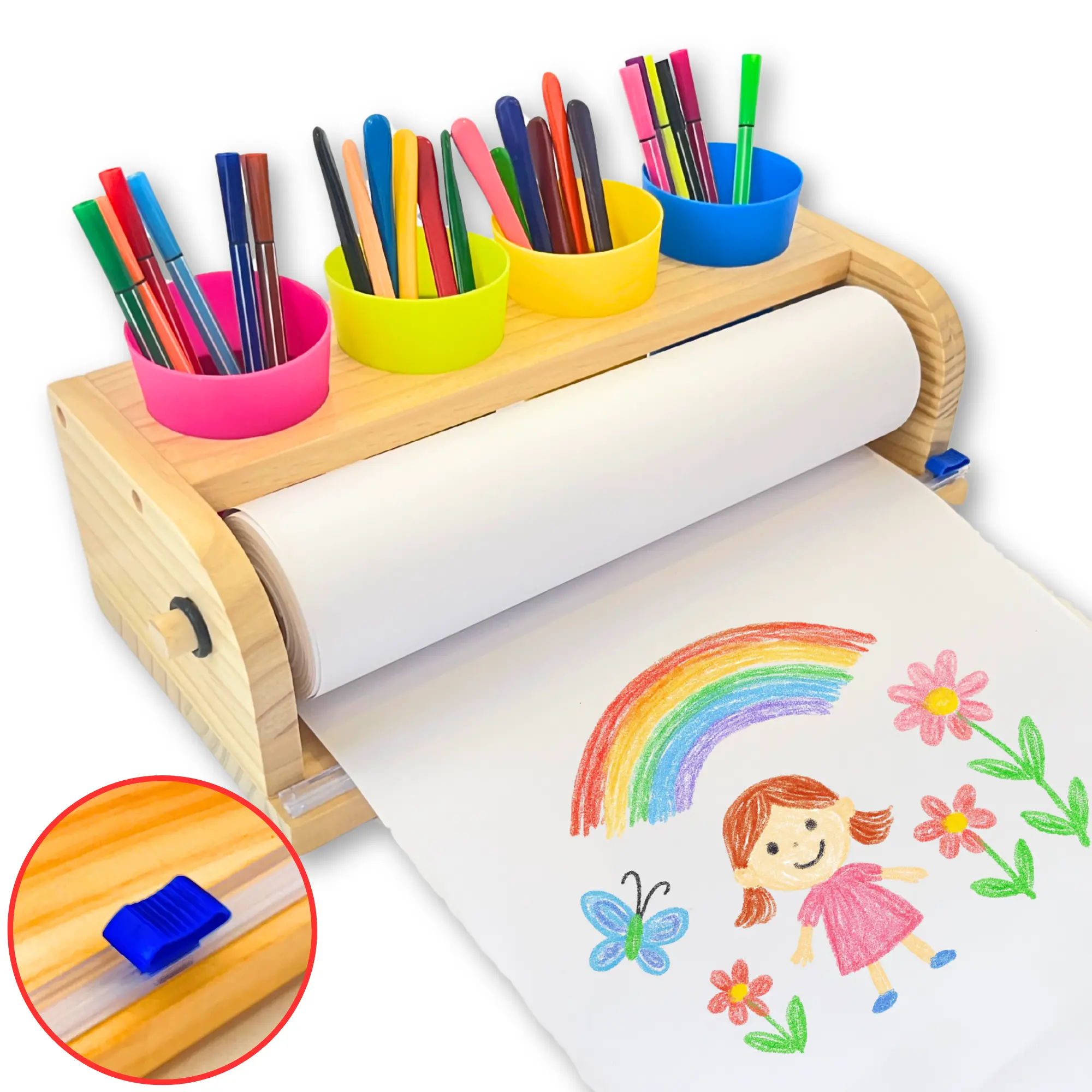 Wooden Tabletop Paper Roll Dispenser with Safety Sliding Cutter - Kids Art Easel with Roll of Paper (11.4”x 98.4ft) - Pencil Cups and Drawing Kit 30 Piece Set - Craft Paper Roll Holder & Drawing Station