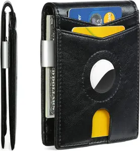 Huztencor AirTag Wallet, Mens Slim Wallet with Money Clip RFID Blocking Bifold Credit Card Holder Case for Apple Air Tag Oil Black