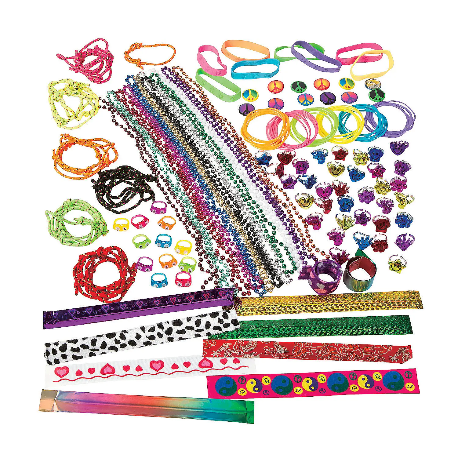 144-Piece Bulk Novelty Plastic Costume Jewelry Assortment - Adjustable Bracelets, Craft Project Beads, 144 Pcs for Events, Grab-Bag Stuffer, Handout-Friendly Multi-Color Varied Sizes for Kids School Events