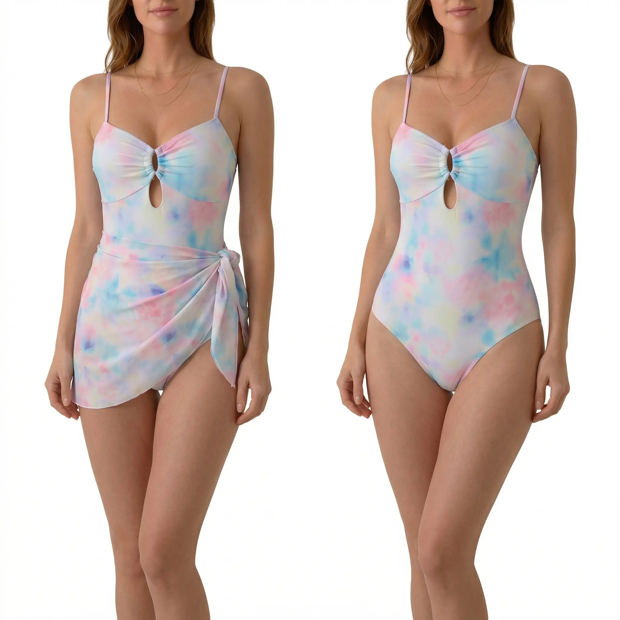 Women's Tummy Control One Piece Swimsuit with Detachable Sarong Skirt and Recessed design | Pastel Tie Dye Cutout Bathing Neon Swimsuit Modest Wrap Cover Up for Beach Vacation