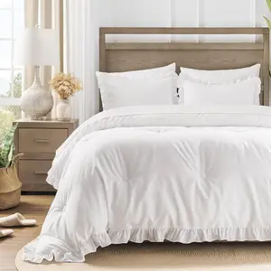Bed in a Bag 7 count Comforter Set , Ruffle Shabby Chic Bedding Comforter Set White Bed Set with Comforter, Pillowcases, Flat Sheet, Fitted Sheet and Pillow Shams