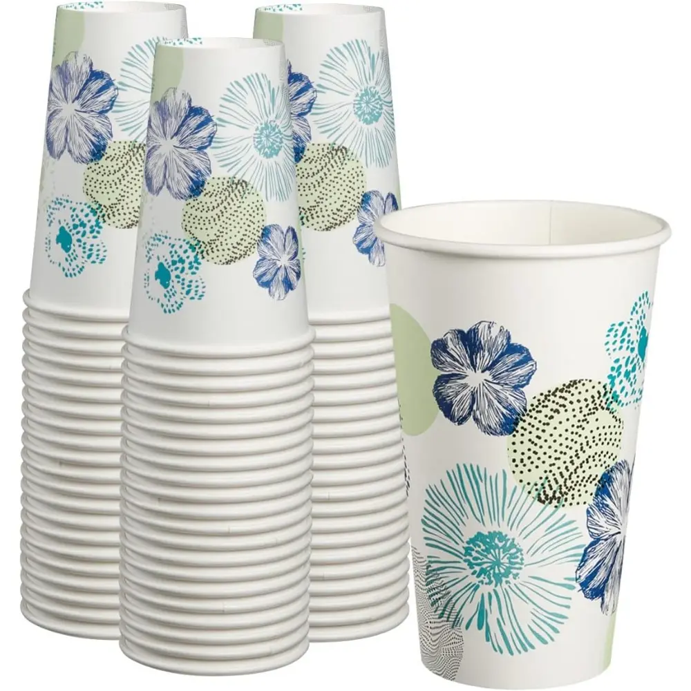 16 oz Floral Disposable Cups, 100 Pcs Food-Grade Leakproof Single-Use Drinkware with Elegant Vibe, for Hot-Cold Drinks, Party & Kitchen Use