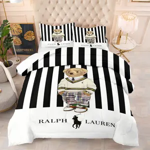 Polo Bear Preppy Striped Comforter Set, 2/3-Piece (1 Comforter + 1-2 Pillowcases) All-Season Soft Bedding,  Stripe Design – Perfect Gift for Preppy Style Lovers & Kids