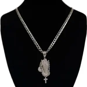 Pendant with hands and rosary, Solid Cuban chain 5mm both 925 silver