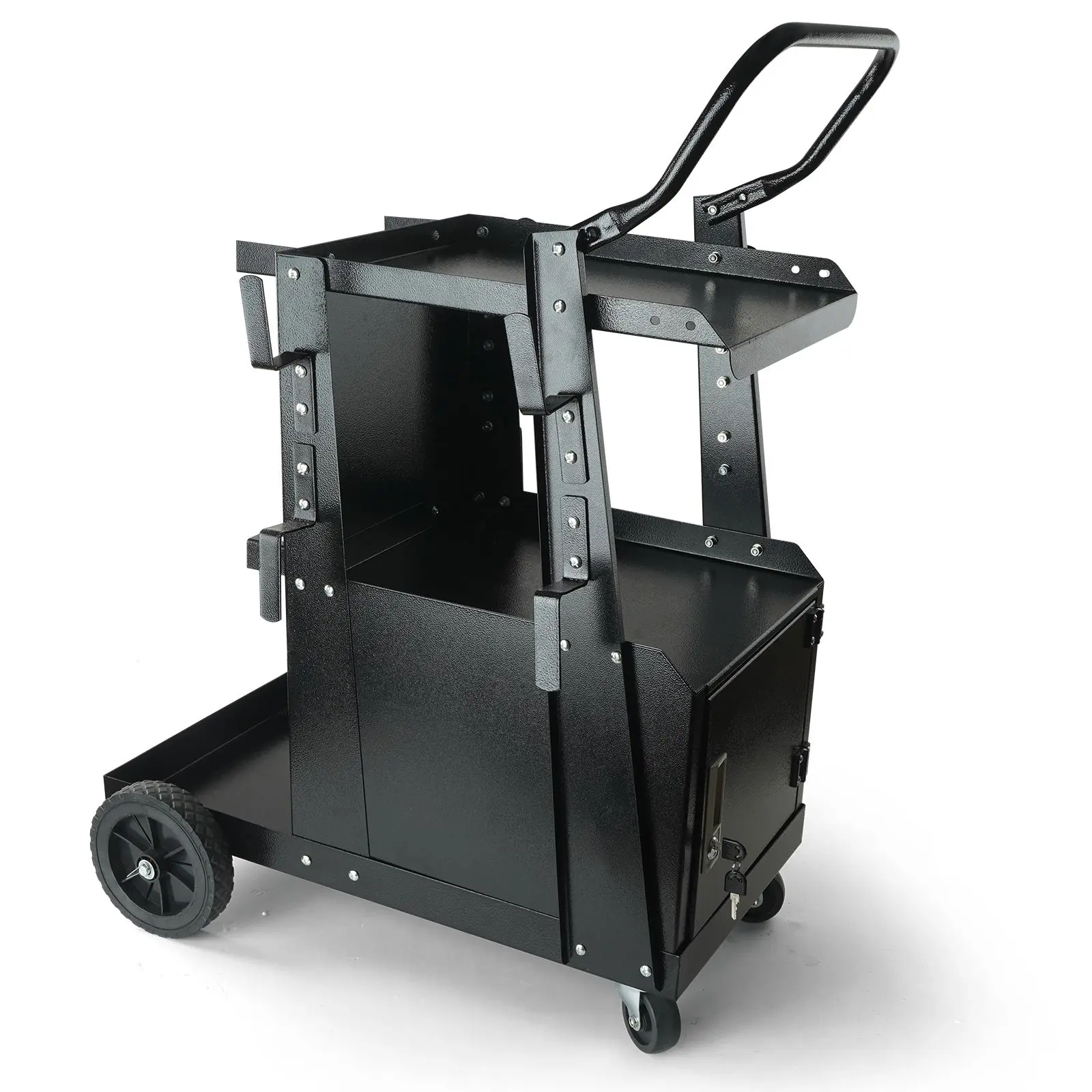Heavy Duty 2-Tier Welding Cart with Anti-Theft Lockable Cabinet, High Load-Bearing 265 lbs Capacity, 176 lbs Dynamic Weight, Adjustable Slope Shelf, Ample Storage, 360° Swivel Wheels, Tank Safety Chains, for TIG, Gas Shielded Welding
