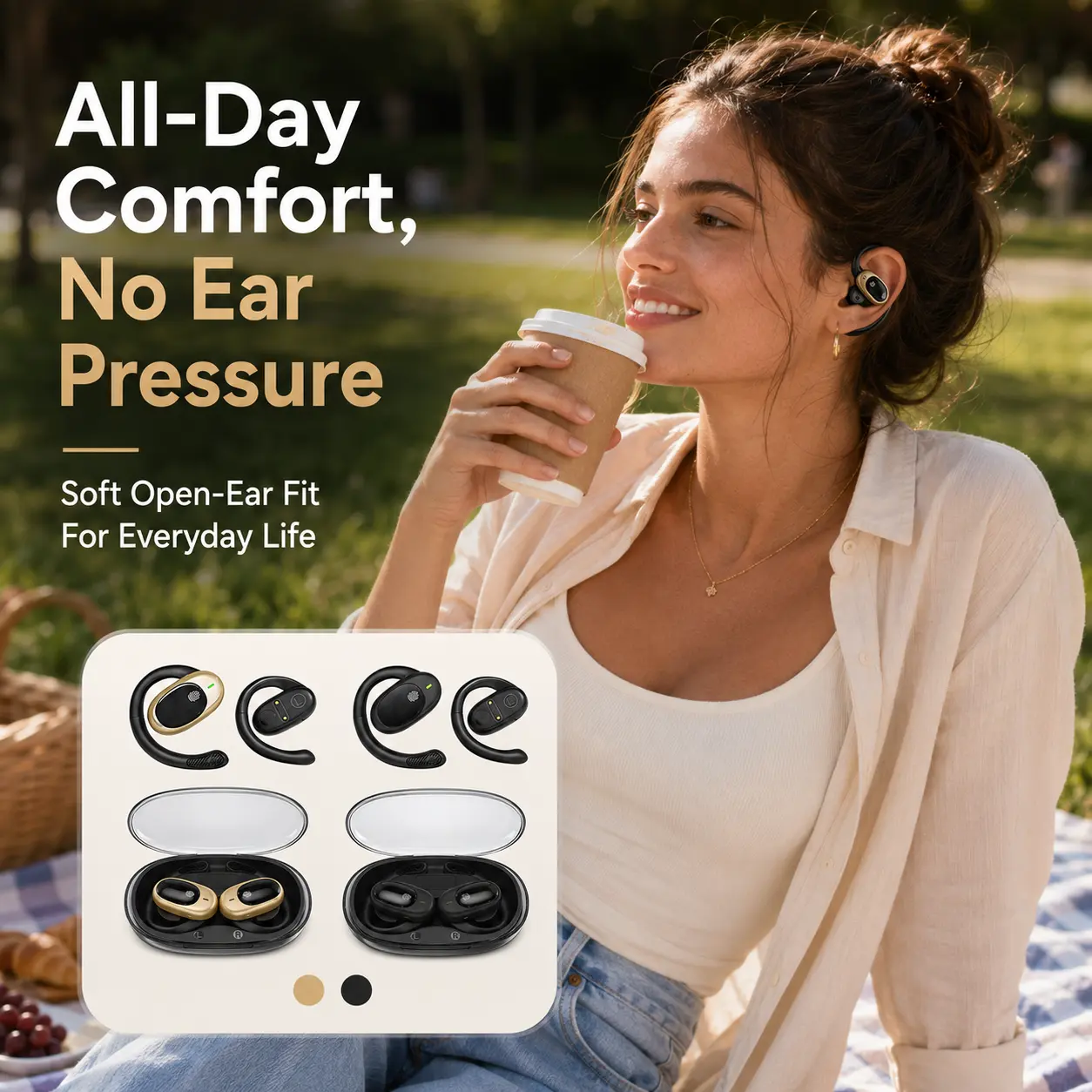 【Prime Pick】Open Ear Translation Earbuds with Glow Quicksand Charging Case, 156-Language Translator via Official App, Secure-Fit Bluetooth Ear Hook Headphones for Travel, Running, Driving, Work, Men & Women, 039
