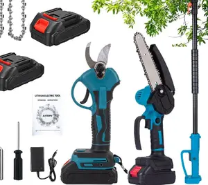 Electric Pruner Kit for Tree Trimming & Garden Maintenance, 3-in-1 Cordless Chainsaw & Shears Set with 8ft Extension Pole, 2×21V Batteries, Blue, for Homeowners & Yard Work, SK5 Steel Blades