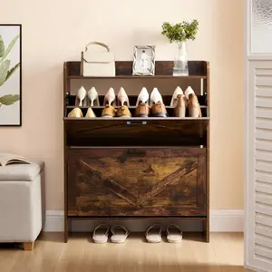 Niccae Rustic Brown Shoe Storage Cabinet with 2 Flip Drawers Stable & Durable Metal Frame Space-Saving Design for Entryway Hallway or Foyer Decorative Wall Mount