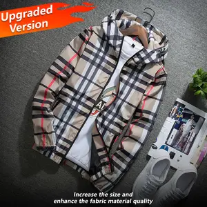 (Upgraded version) Men's lightweight hooded jacket, zip-up windbreaker, adjustable drawstring & color-block striped, spring and autumn fashion casual men's outerwear, customizable personalized jacket, stylish khaki plaid design SpringStatements