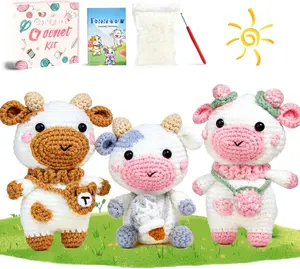Crochet Kit for Beginners, Crochet Starter Kits for Adults w Step-by-Step Video Tutorials, Amigurumi Craft DIY Knitting Supplies, Crocheting  Kits, 3 count Cow (40%+ Yarn)