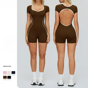Contrast Color Nude-Feel Women's Bodysuit |   Hollowed-Out Back Design |   Tight-Fitting Sports Fitness Wear for Running, Workout & Yoga