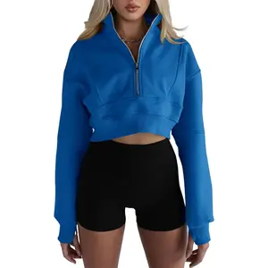 Lannew Women's Half Zipper Cropped Sweatshirts Casual Long Sleeve Tops With Thumb Hole