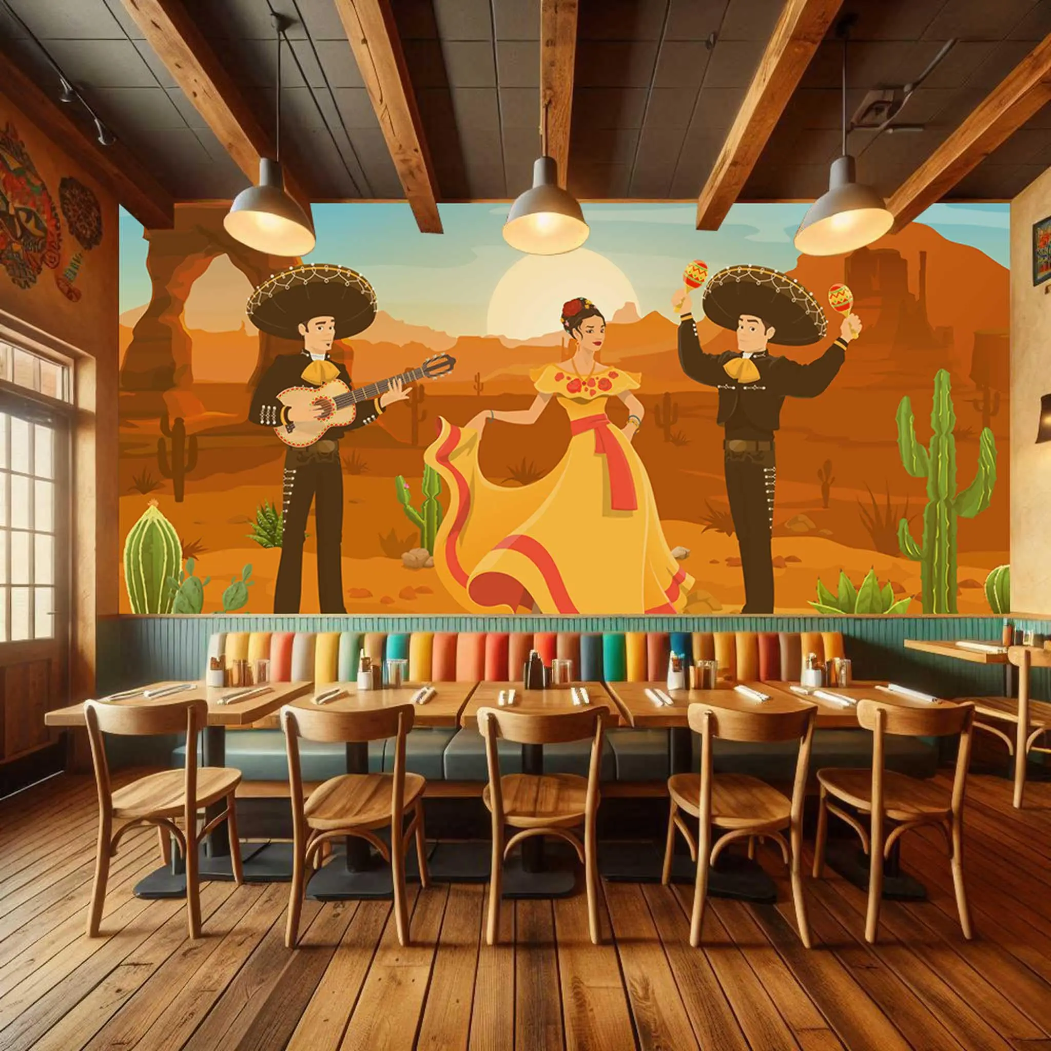 Mexican Desert Scene Peel and Stick Wallpaper - Cactus, Musician, Woman Dancer - Perfect for Restaurant Wall Decor