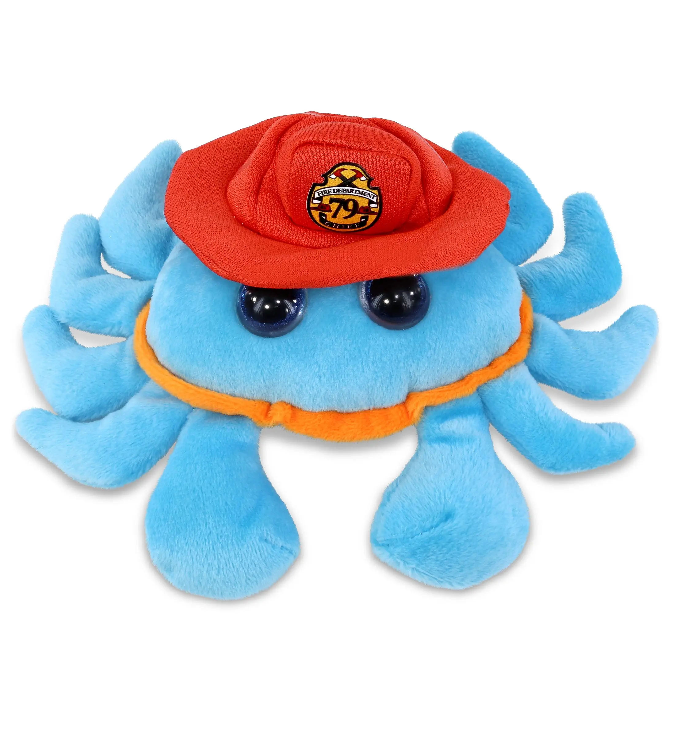 DOLLIBU 100% Polyester Fireman Bigeye Blue Crab Plush Stuffed Toy - Unisex, 7in, 7l×6w×2h in, Removable Hook-and-Loop Tape Fastener Hat, Pretend Play Toy, Hand Wash & Dry, Ages 0+, Ideal Stuffed Animal
