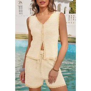 Tankaneo Womens 2 Piece Shorts Set Striped Summer Vacation Outfits Button Down Knit Vests Tops Casual Beach Matching Sets