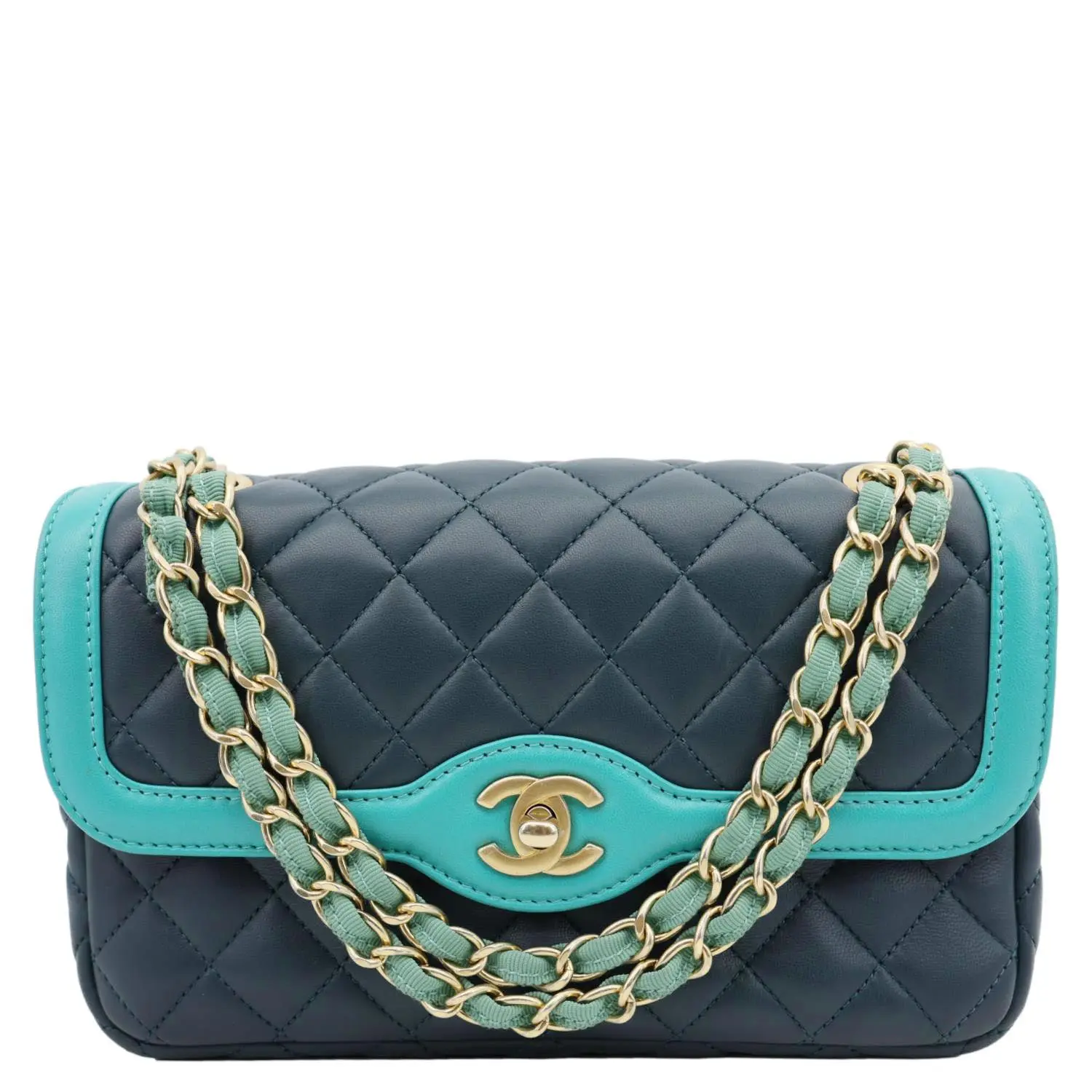 Pre-owned CHANEL Leather Crossbody Bags Bi Color Flap Quilted Lambskin Crossbody Bag Turquoise