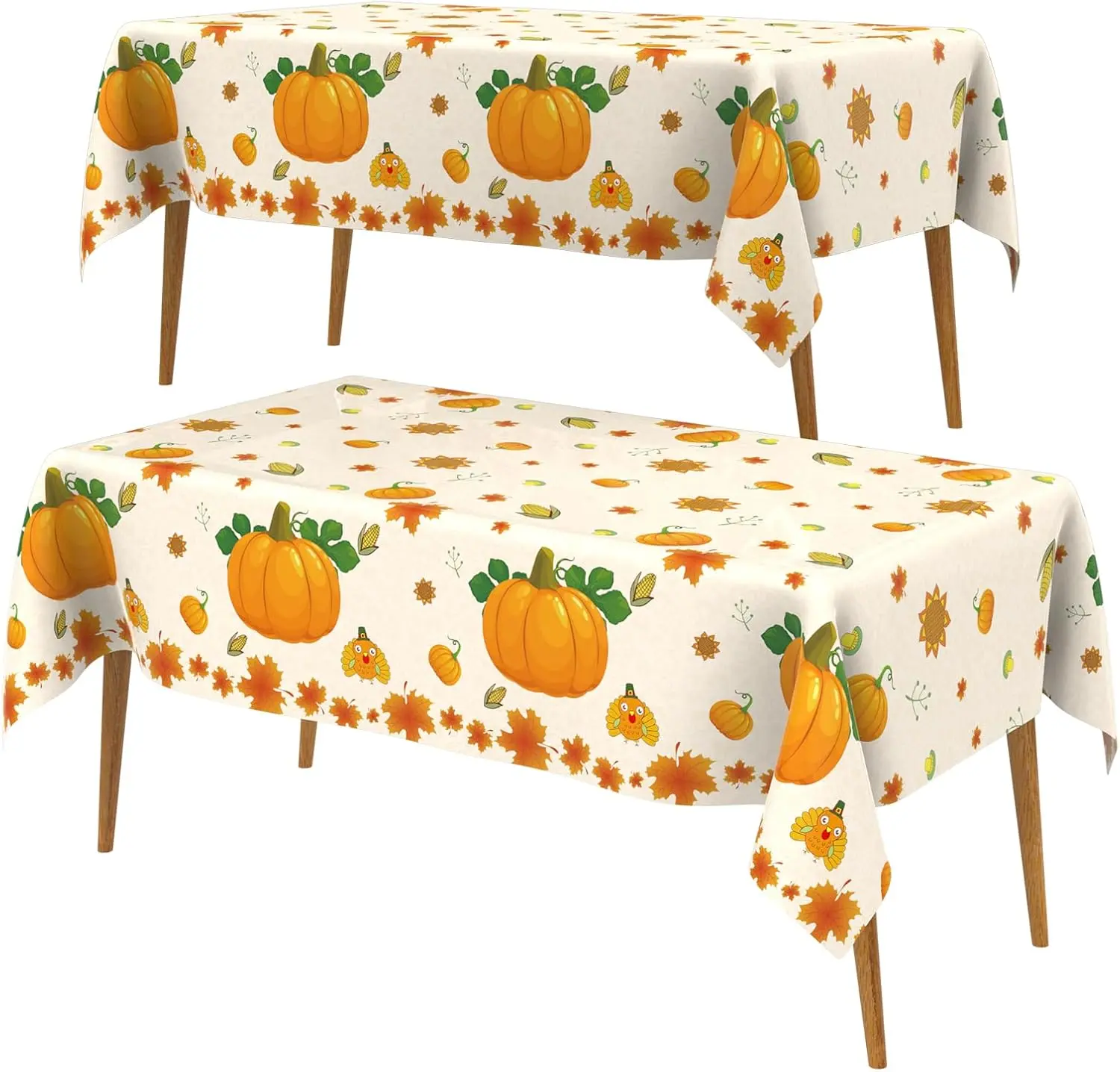 Premium Disposable Plastic Rectangle Tablecloth Set (2 PCS, 54" x 108") - Pumpkin Maple Leaf Design, Spill-Proof, Durable, Easy-Clean for Thanksgiving, Autumn Harvest Party Outdoor Table Decor