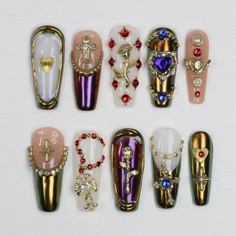 Soluxe Nails - Blue Heart Gem Stiletto Press On Nails, Chrome Green Finish, Elegant Rose & Cross Design, Bold Gothic Glam Statement Style